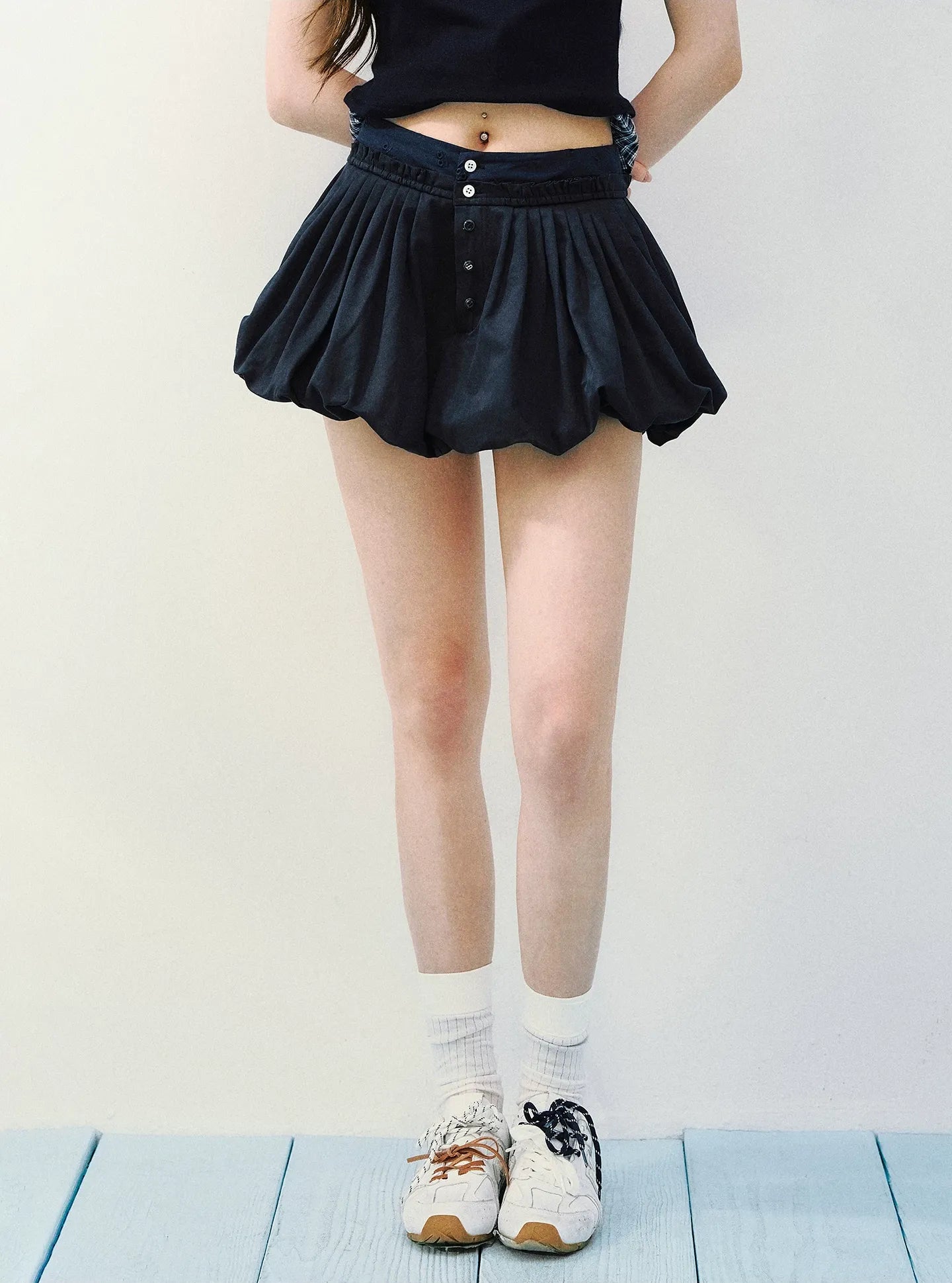 Navy Petal Pleated Skirt