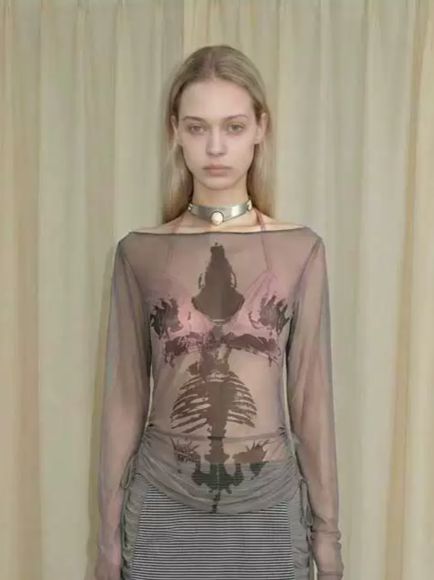 Sheer Asymmetric Skeleton Print Top