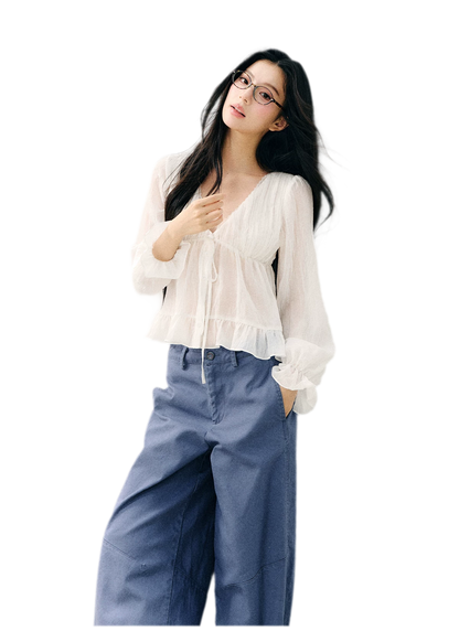 V-Neck Ruffle Chiffon Blouse