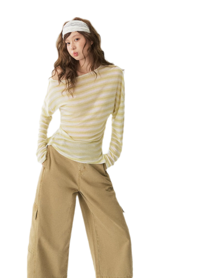 Sheer One-Shoulder Stripe Tee