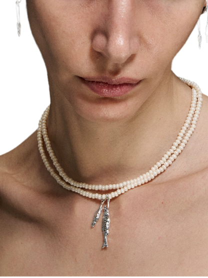 Double-Layer Beaded Fish Pendant Necklace