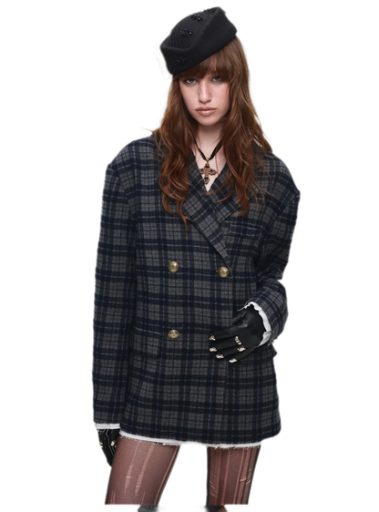 Vintage Plaid Double-Breasted Coat