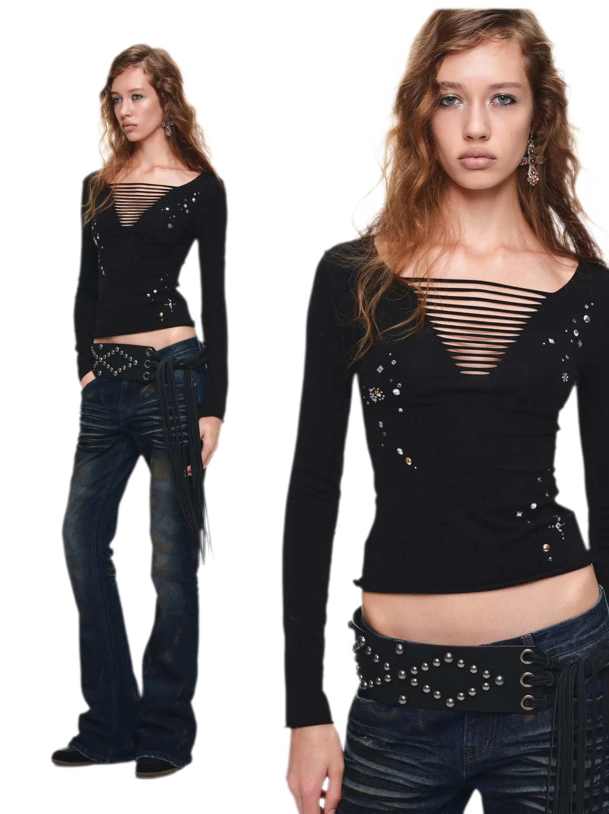 Haut à col en V avec découpes et strass