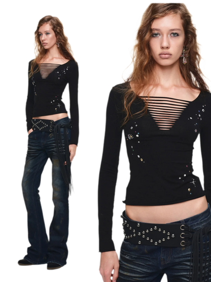 Haut à col en V avec découpes et strass