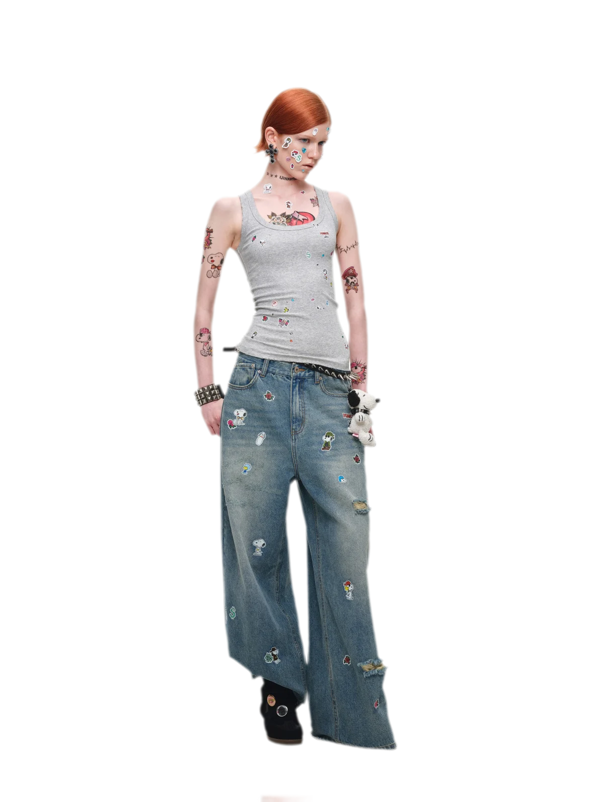 Washed Distressed Wide-Leg Jeans