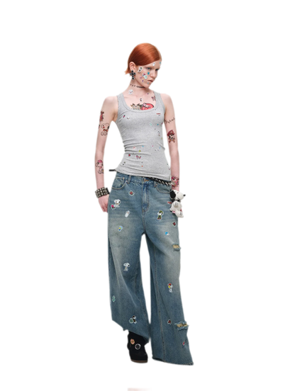 Washed Distressed Wide-Leg Jeans
