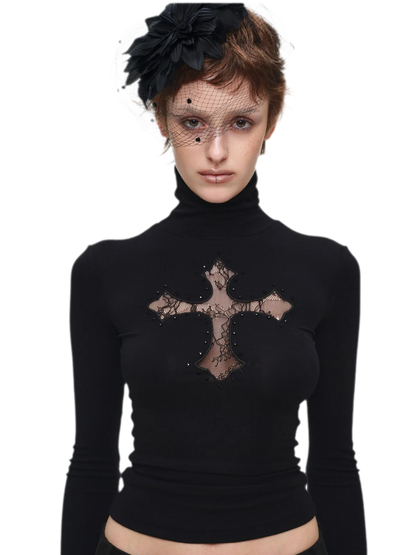 Rhinestone Lace Turtleneck Knit Top