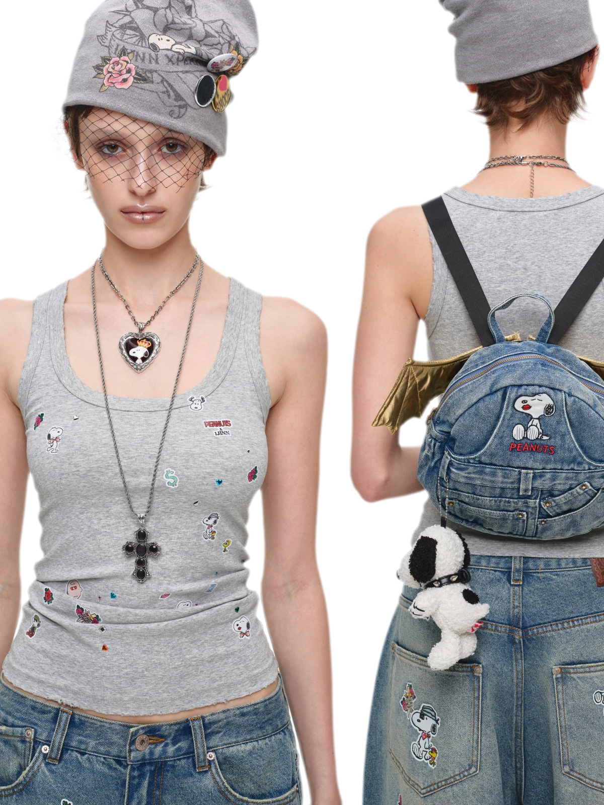 Washed Denim Embroidered Backpack