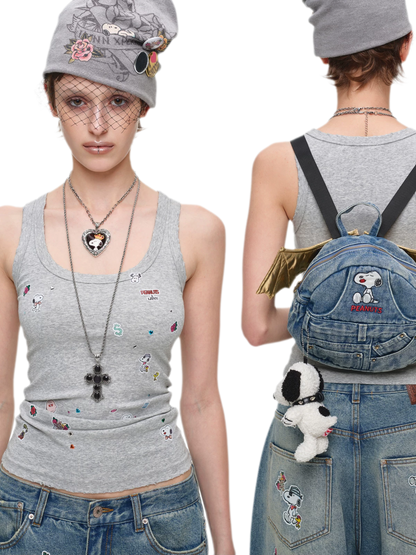 Washed Denim Embroidered Backpack