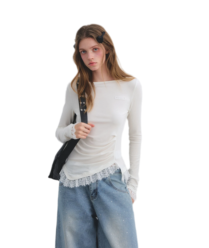 Lace Panel Ruched Hem Top