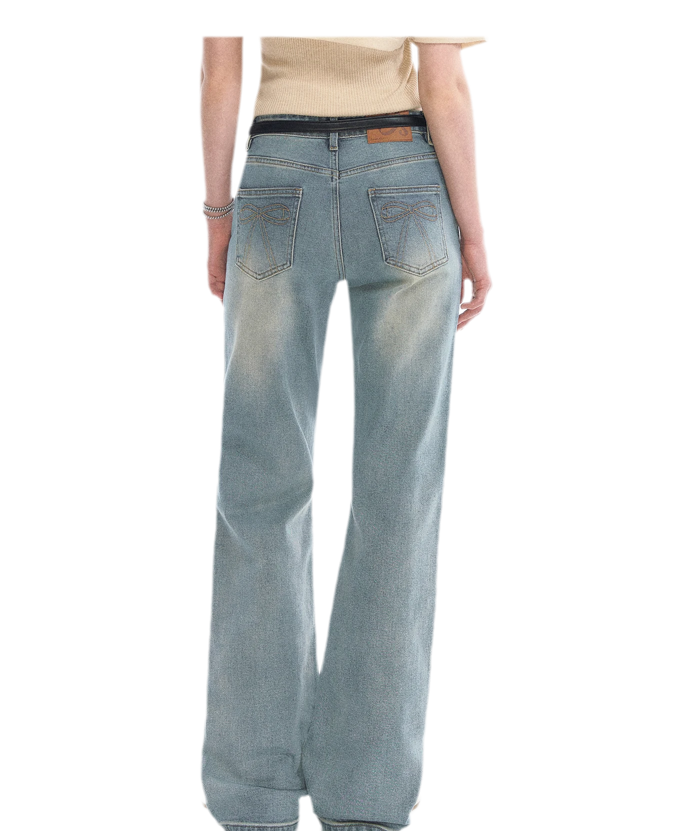 Washed Bow Embroidery Jeans
