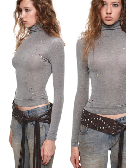 Top à col roulé en mérinos orné de strass