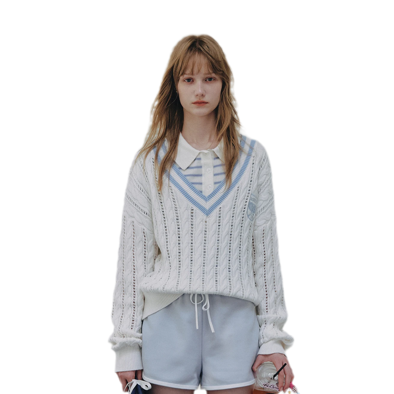 Cable Knit Cropped V-Neck Sweater