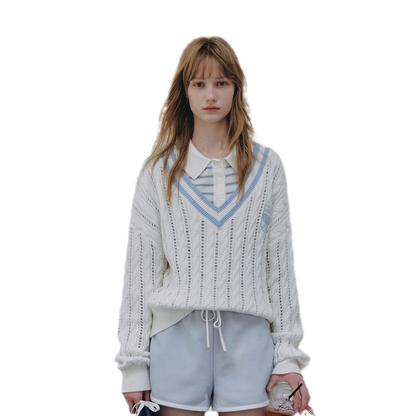 Cable Knit Cropped V-Neck Sweater