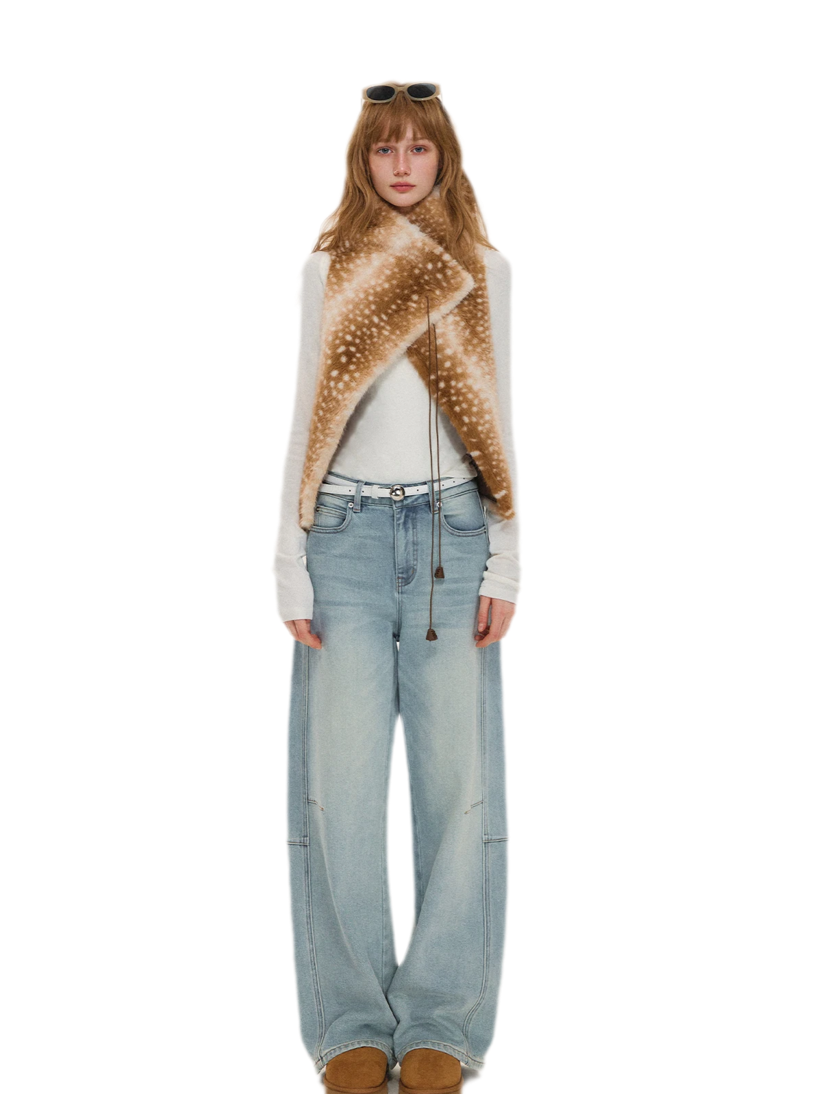 Washed Curved Wide-Leg Jeans