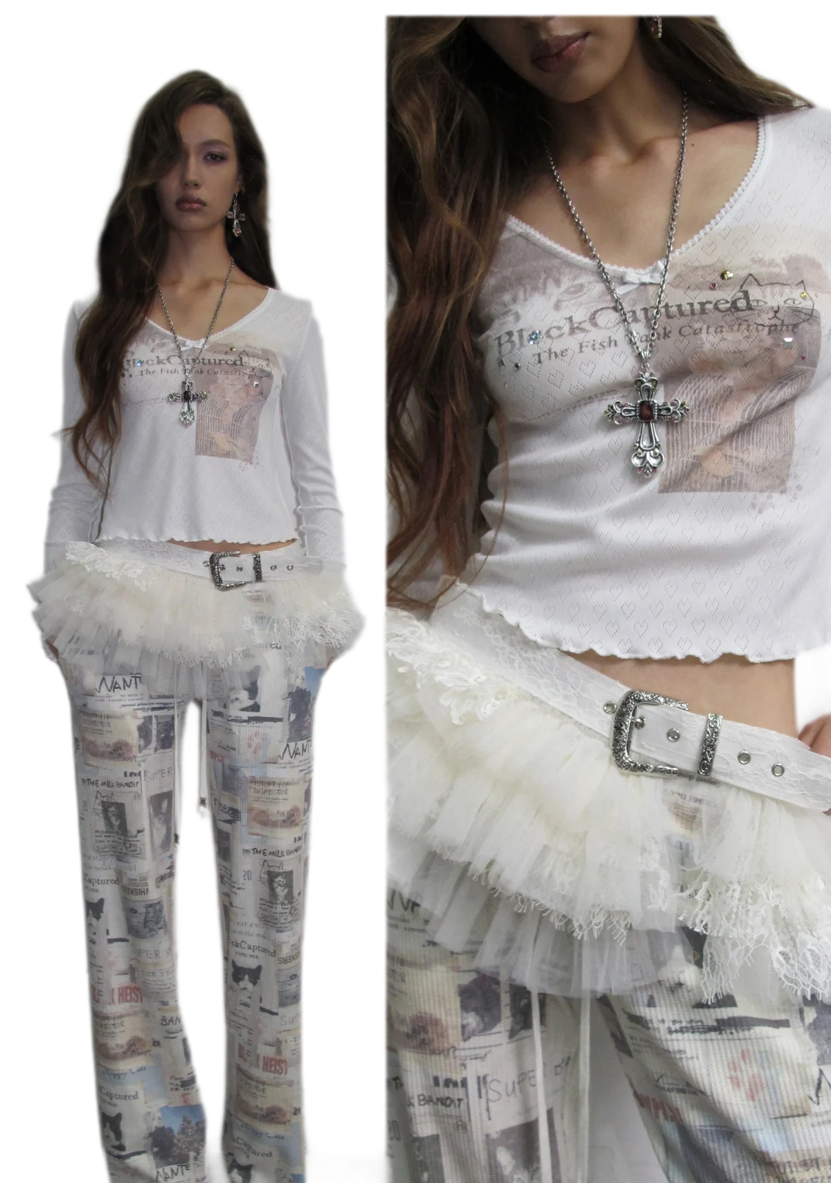 Camiseta de manga larga con ribete de encaje y pedrería