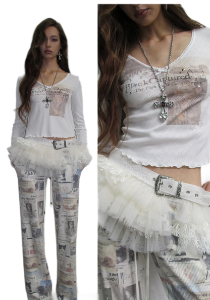 Camiseta de manga larga con ribete de encaje y pedrería