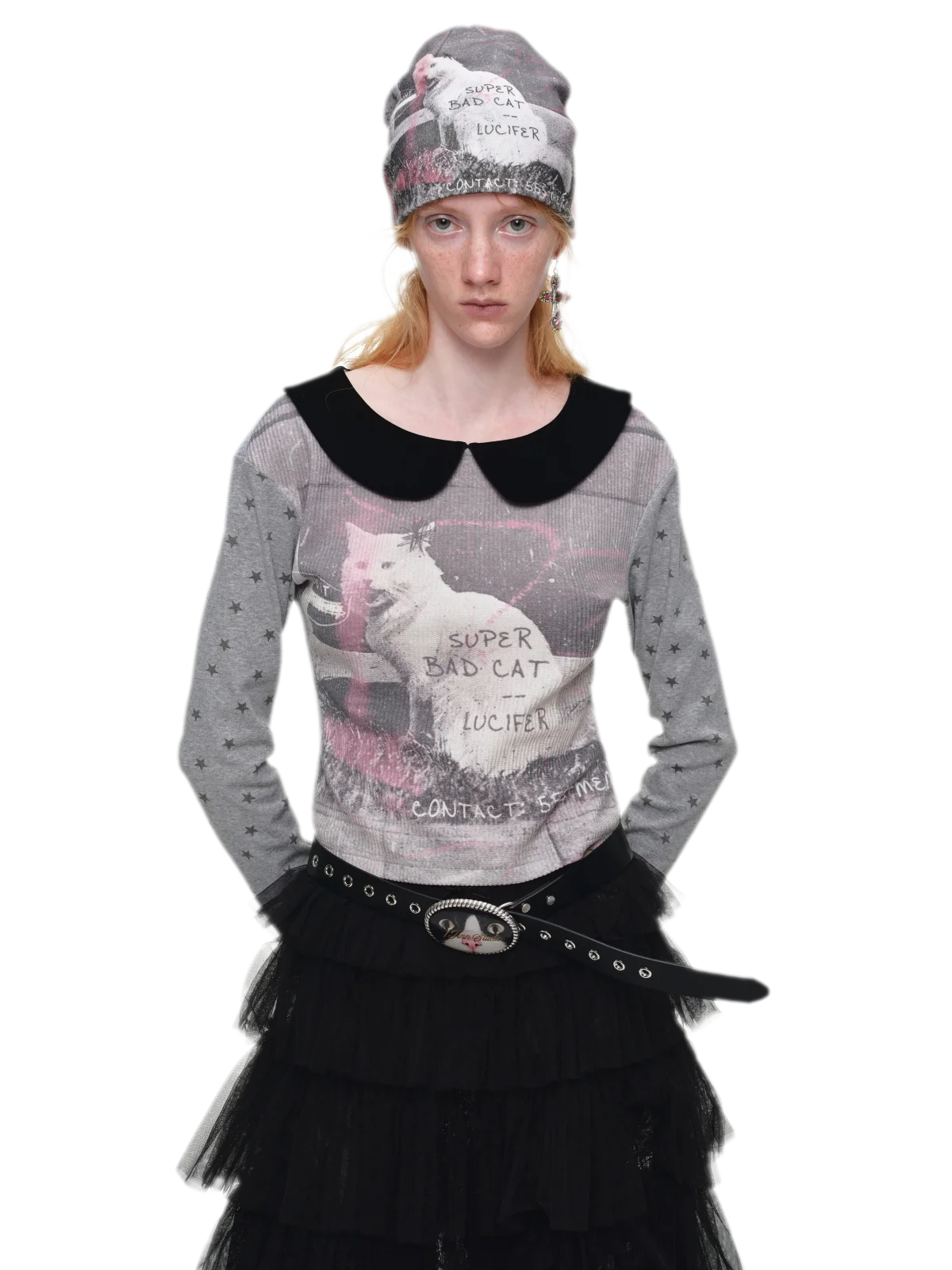 Camiseta de cuello Peter Pan con bloques de color y gato