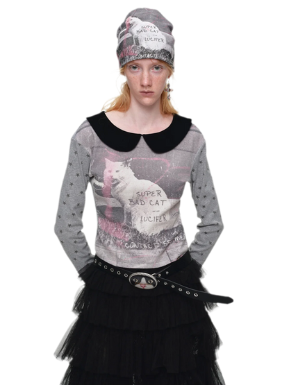 Camiseta de cuello Peter Pan con bloques de color y gato