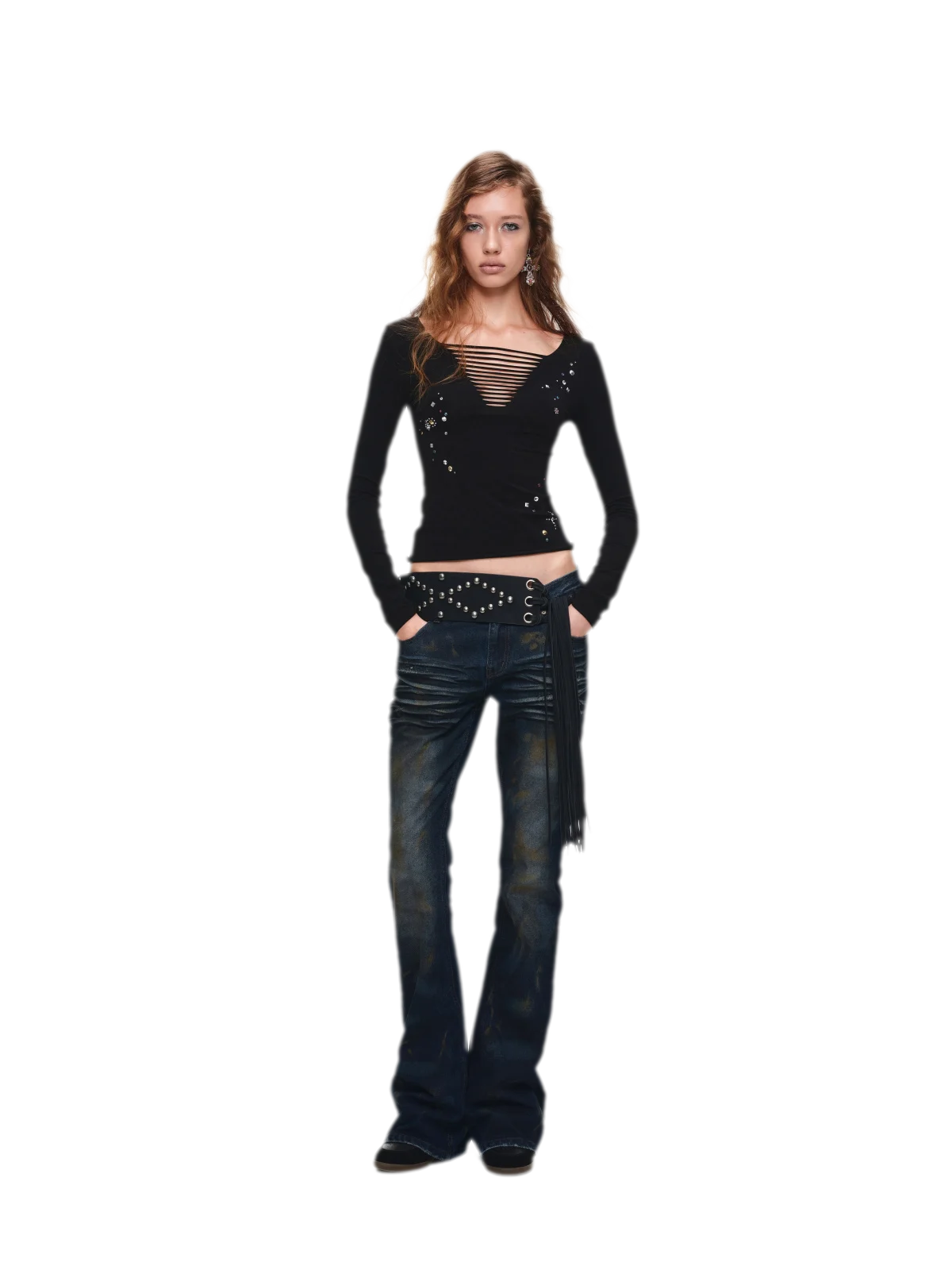Ceinture de taille en PU à franges et clous