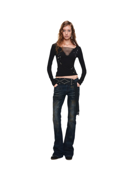 Ceinture de taille en PU à franges et clous