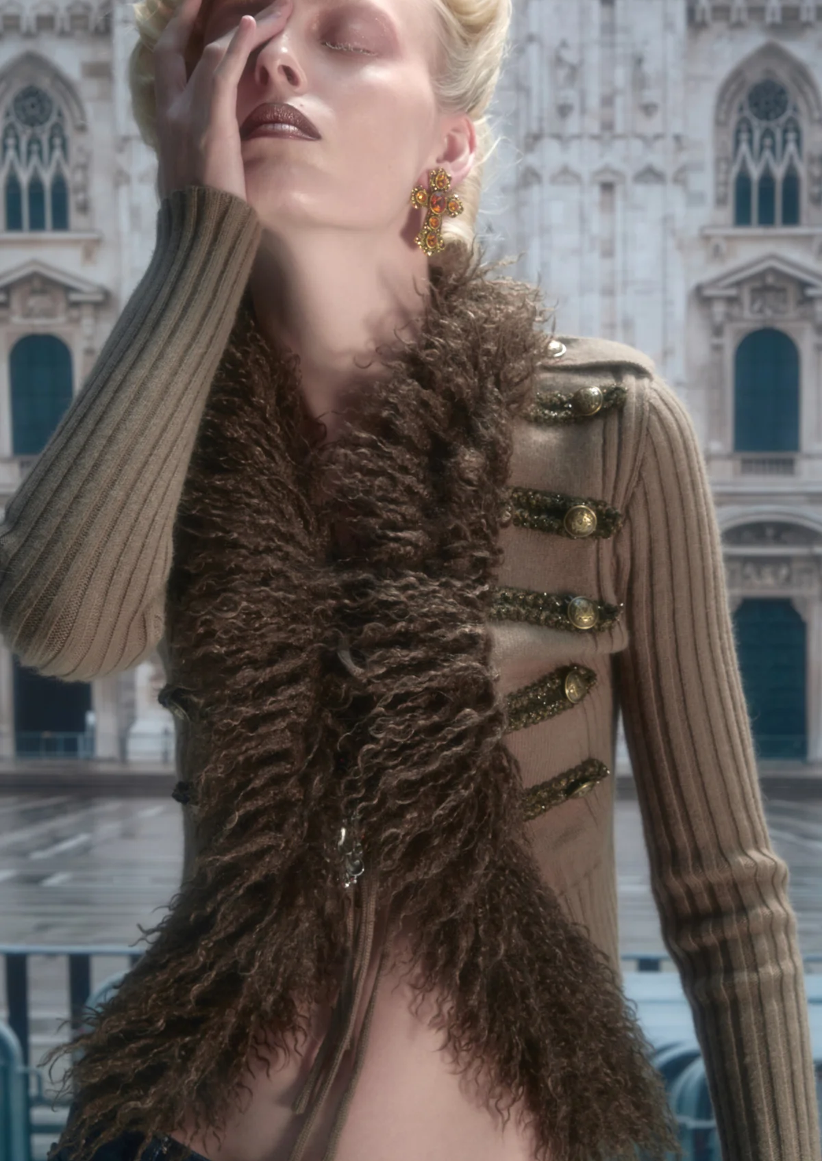 Rib-Knit Fitted Wool-Collar Cardigan