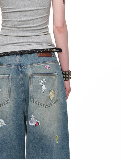 Washed Distressed Wide-Leg Jeans