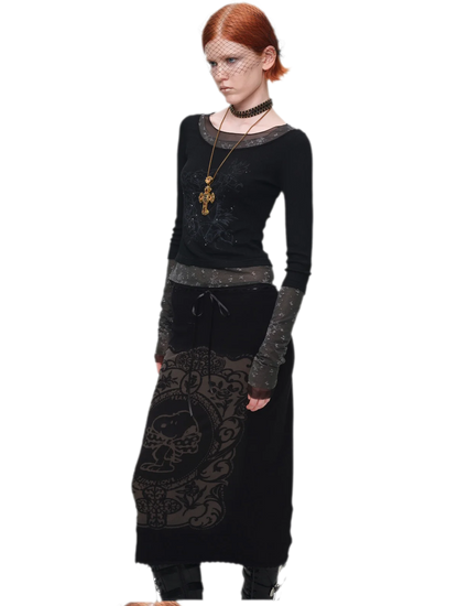 Vintage Lace Contrast Long-Sleeve Top