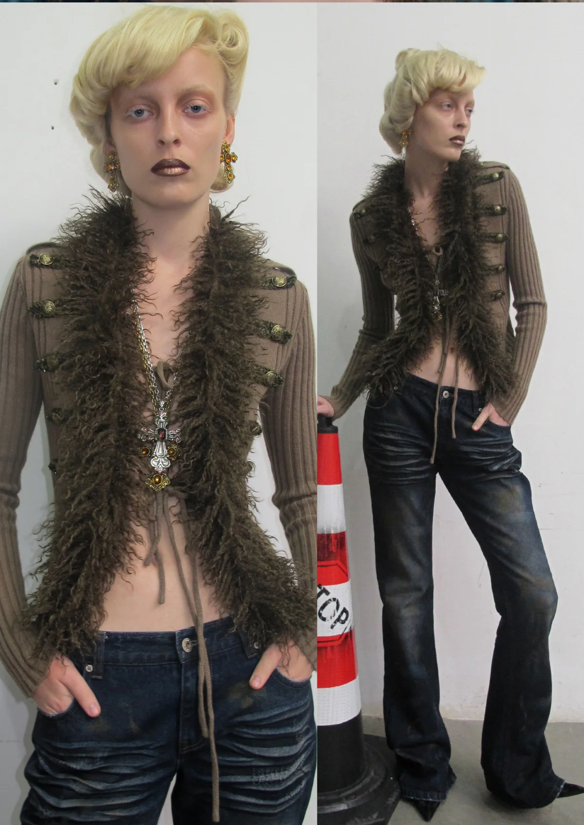 Rib-Knit Fitted Wool-Collar Cardigan