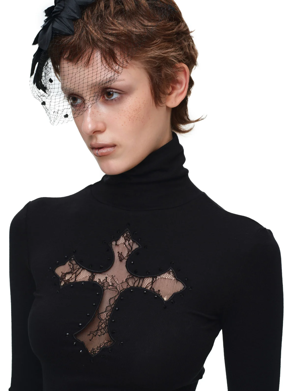 Rhinestone Lace Turtleneck Knit Top