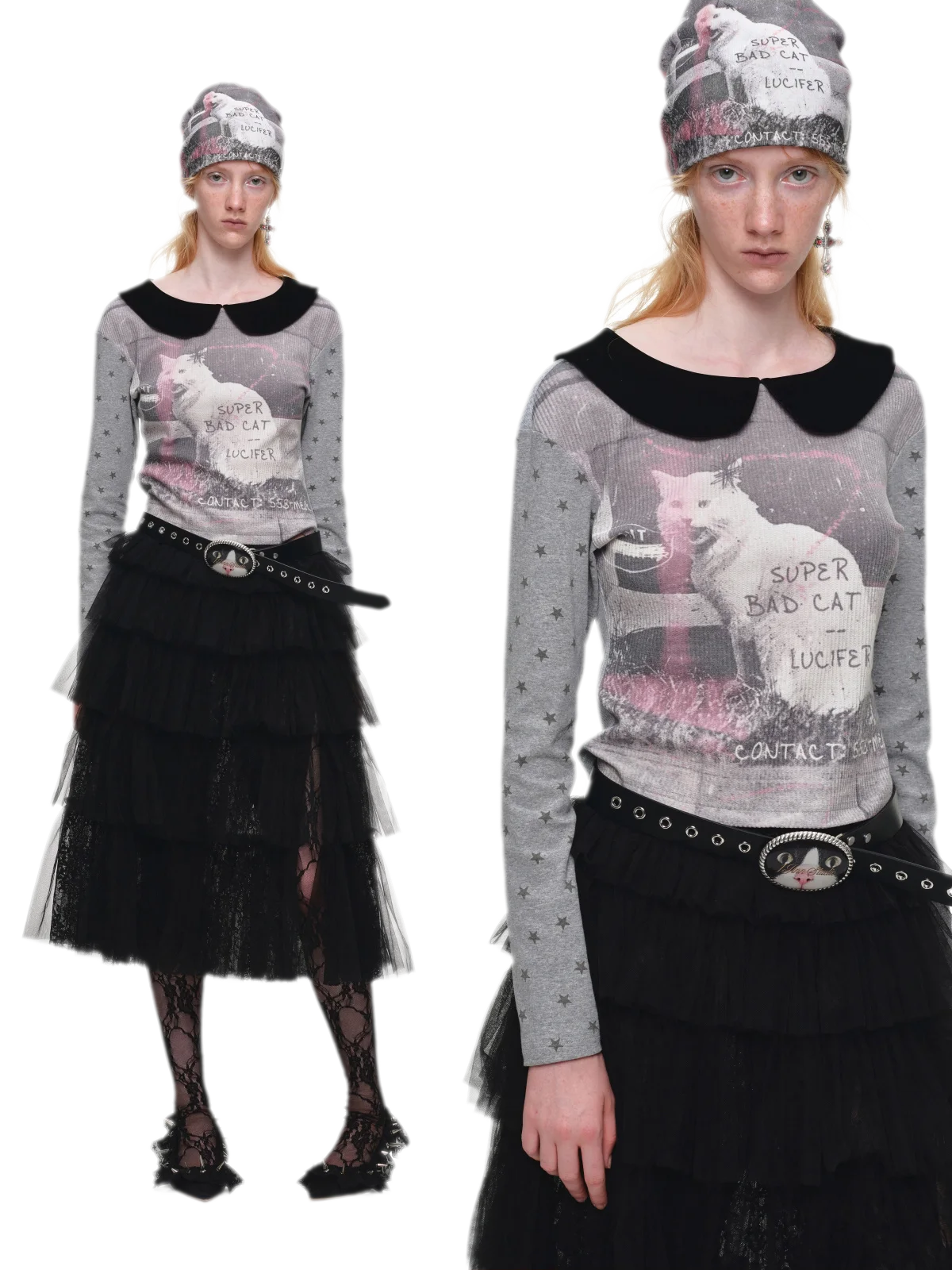 Camiseta de cuello Peter Pan con bloques de color y gato