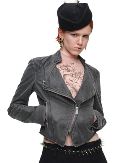 Washed Leather-Look Fitted Jacket