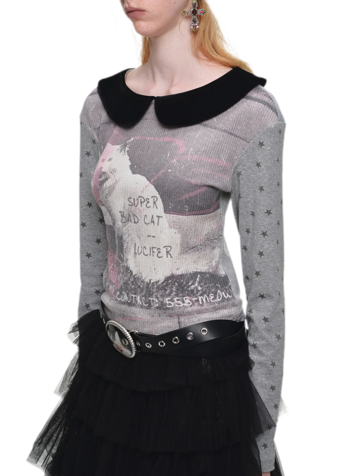 Camiseta de cuello Peter Pan con bloques de color y gato