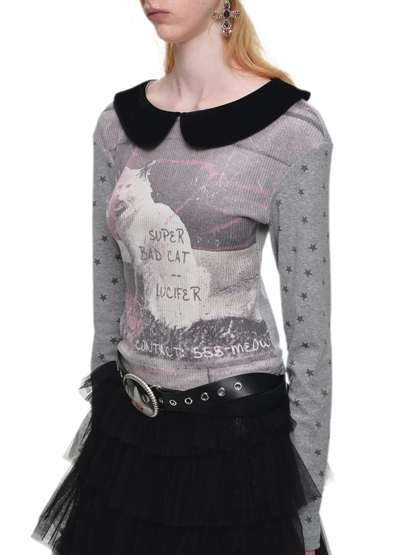 Camiseta de cuello Peter Pan con bloques de color y gato
