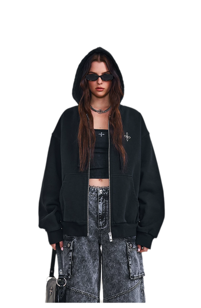 Cross Statue Oversized Zip-Up Hoodie