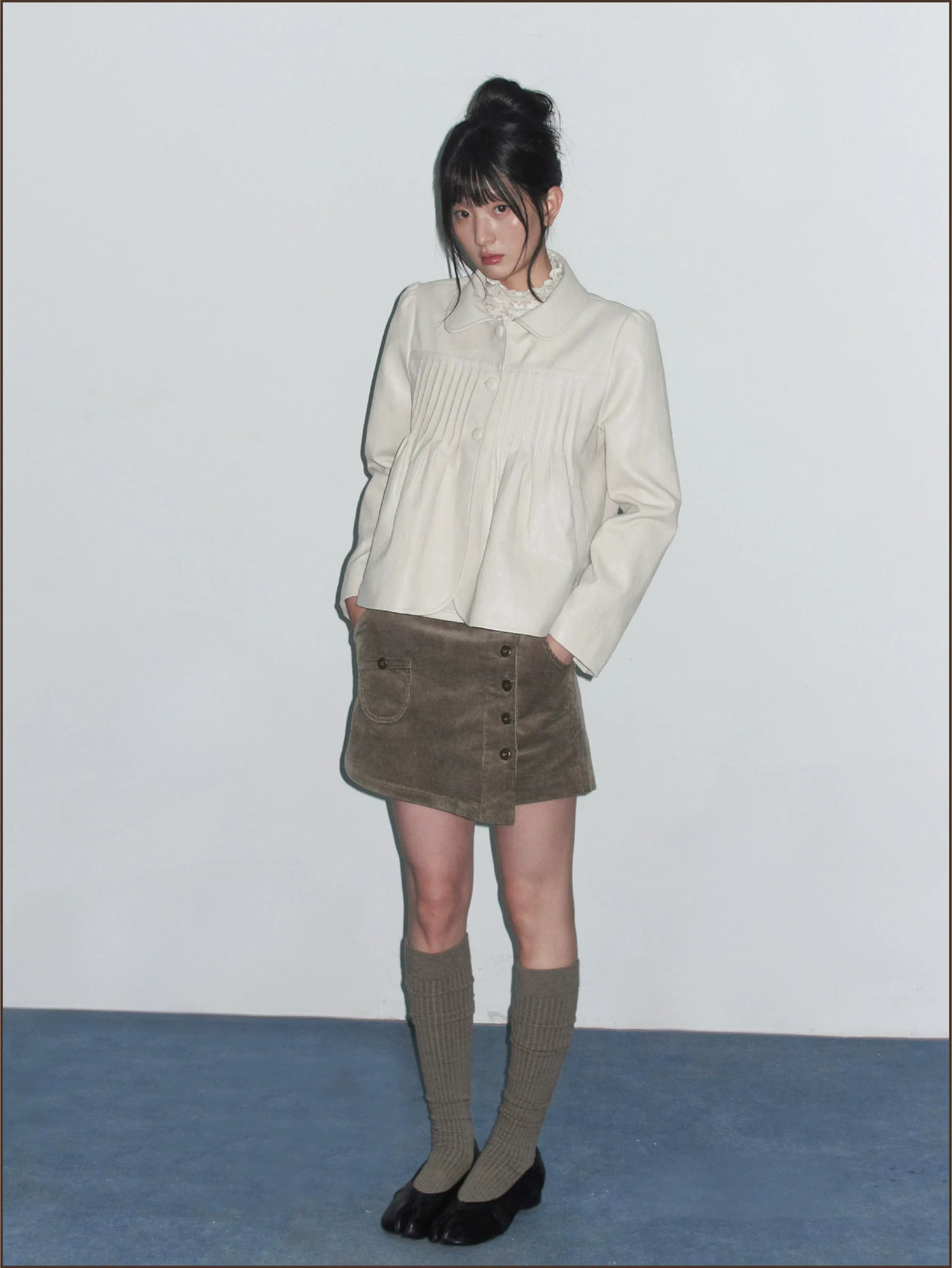 Distressed Pleated Oversized Leather Jacket