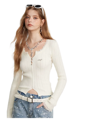 Lace Trim Ribbed Knit Top