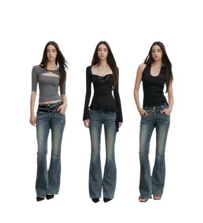 Washed Whisker Flared Jeans