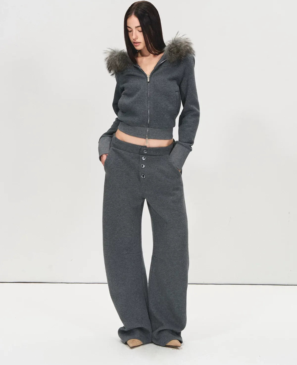Detachable Fur Collar Fleece Hoodie &amp; Relaxed Pants
