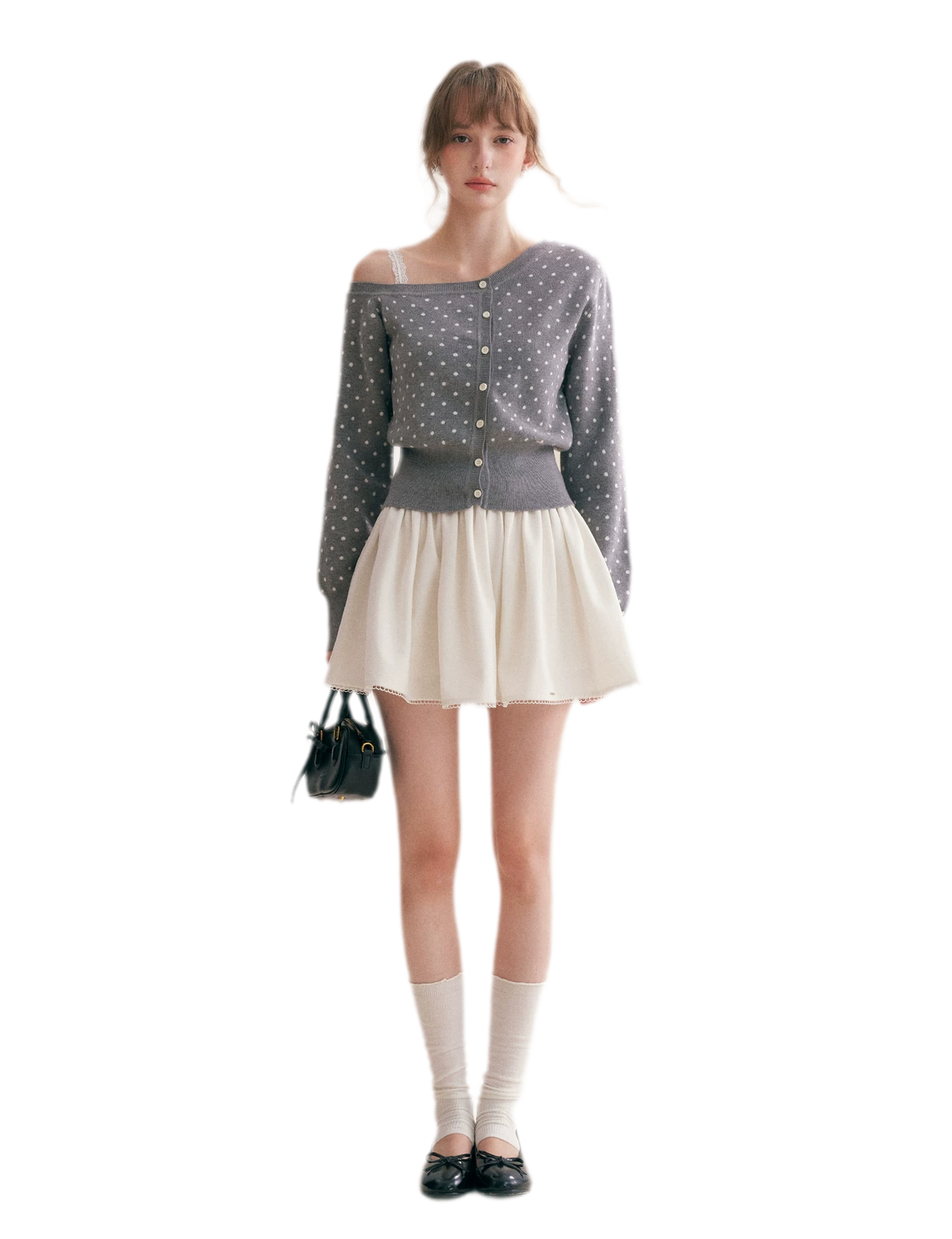 Polka Dot Slanted Shoulder Cardigan