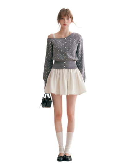 Polka Dot Slanted Shoulder Cardigan