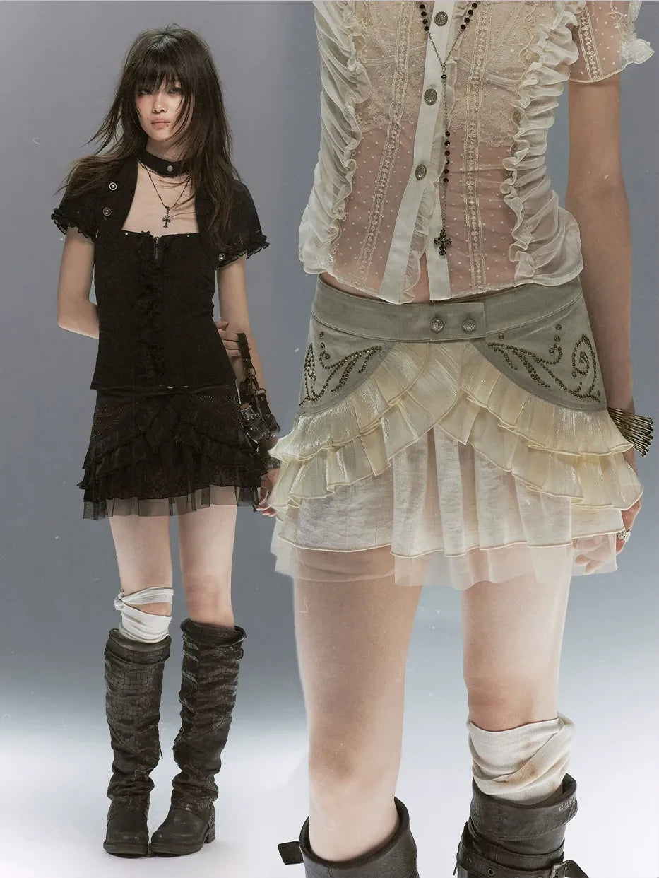 Studded Tiered Mini Skirt