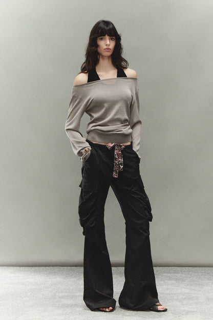 Printed Waistband Drawstring Multi-Pocket Low-Waist Cargo Pants