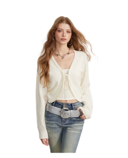 Diamond Knit Tie Cardigan Set