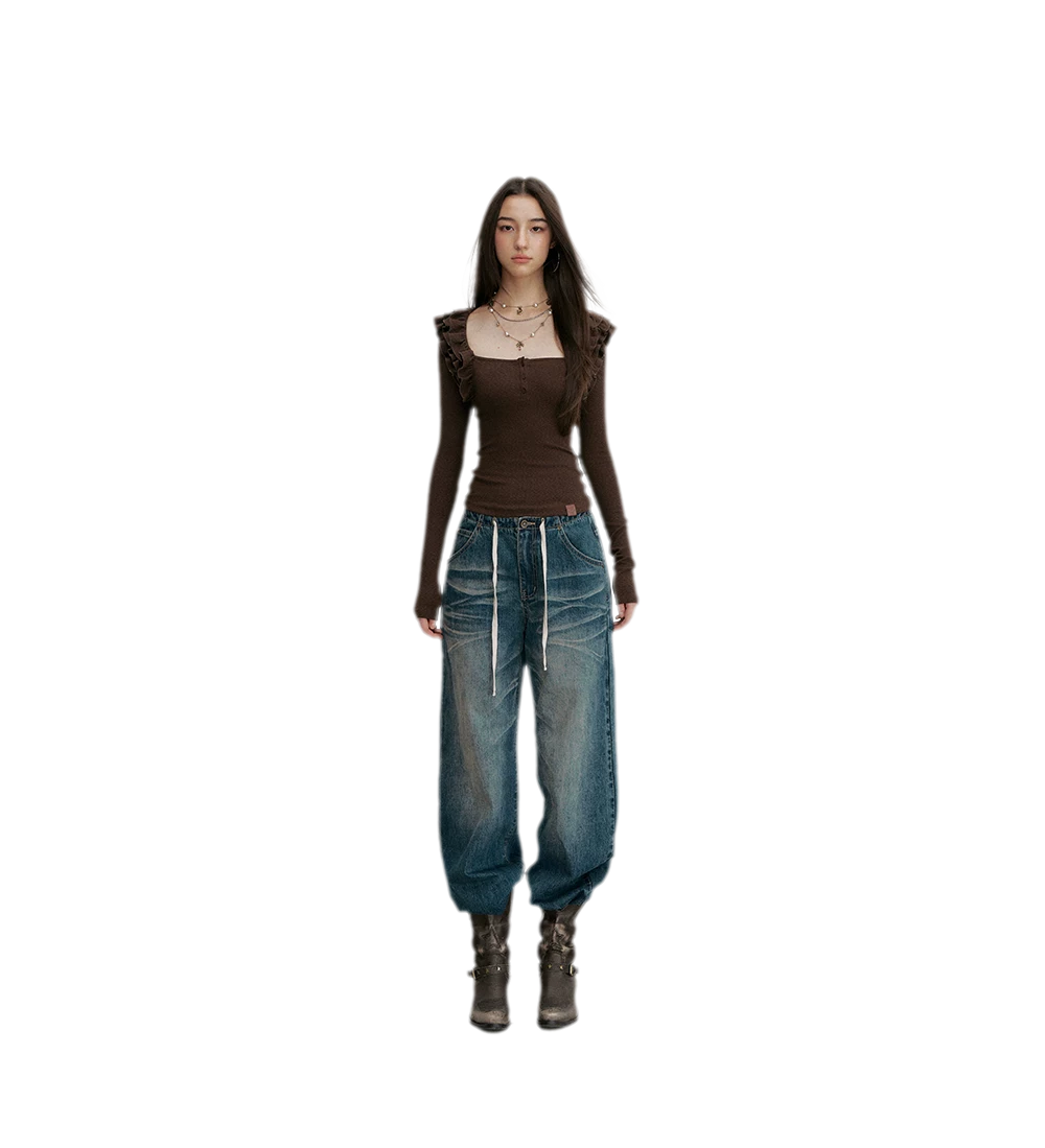 Ribbed Ruffle Square Neck Top