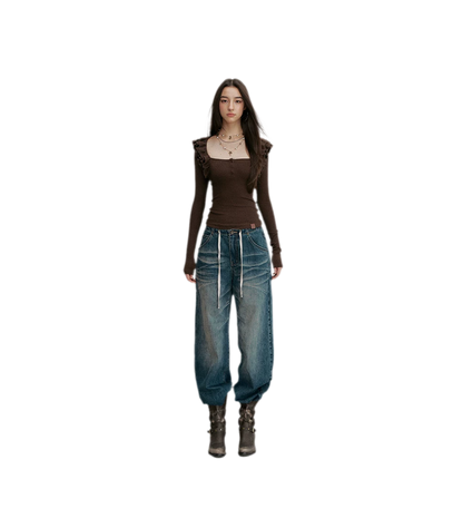Ribbed Ruffle Square Neck Top