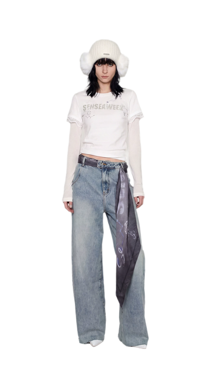Scarf Tie Wide-Leg Jeans