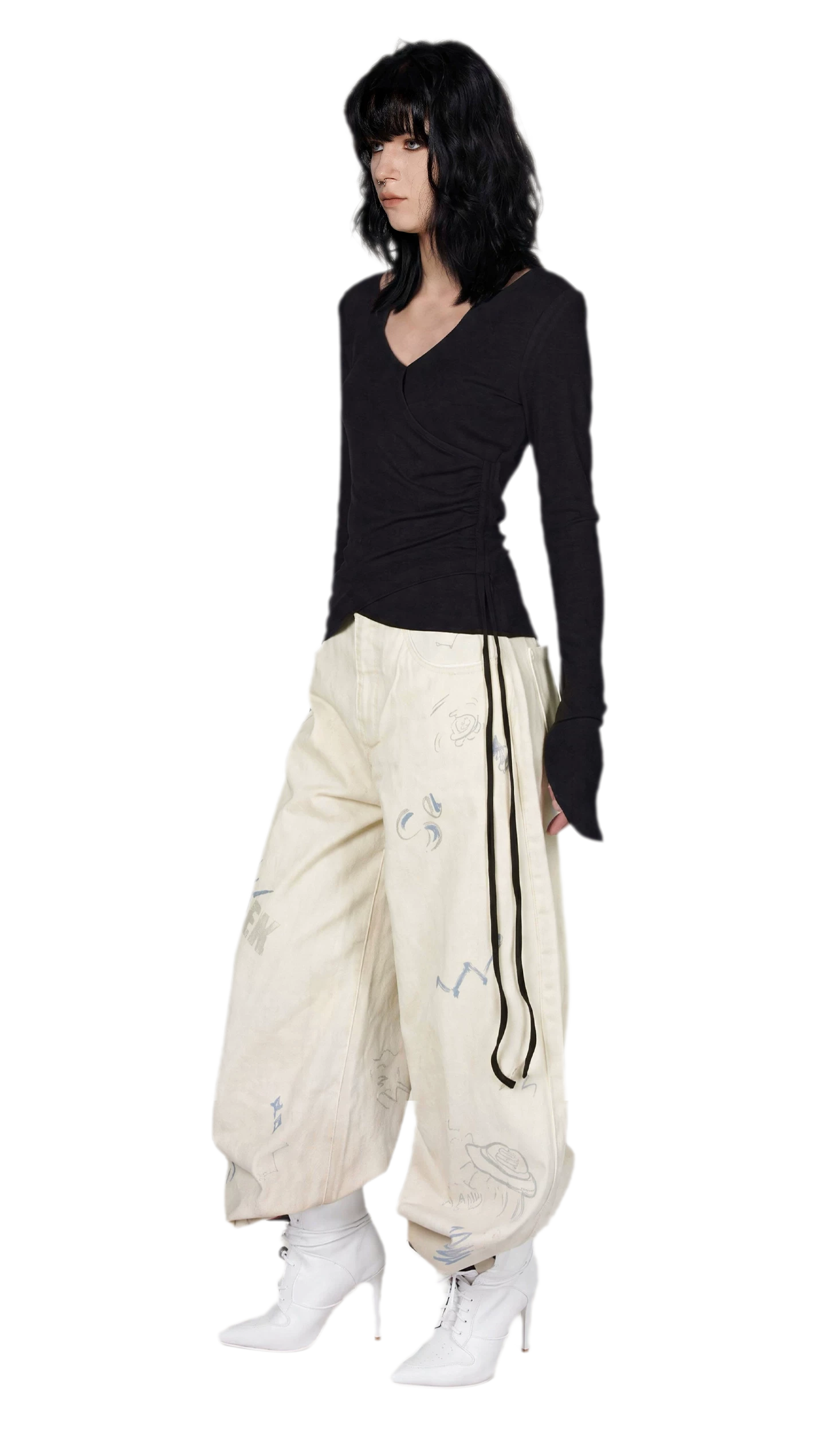 Textured Ruched Slim Long-Sleeve Top