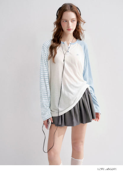 Striped Polka Dot Raglan Sleeve Long Sleeve Pullover