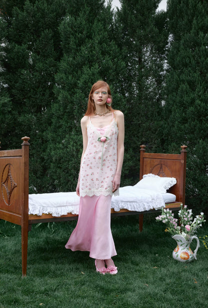 Deep V-Neck Lace Chiffon Satin Dress